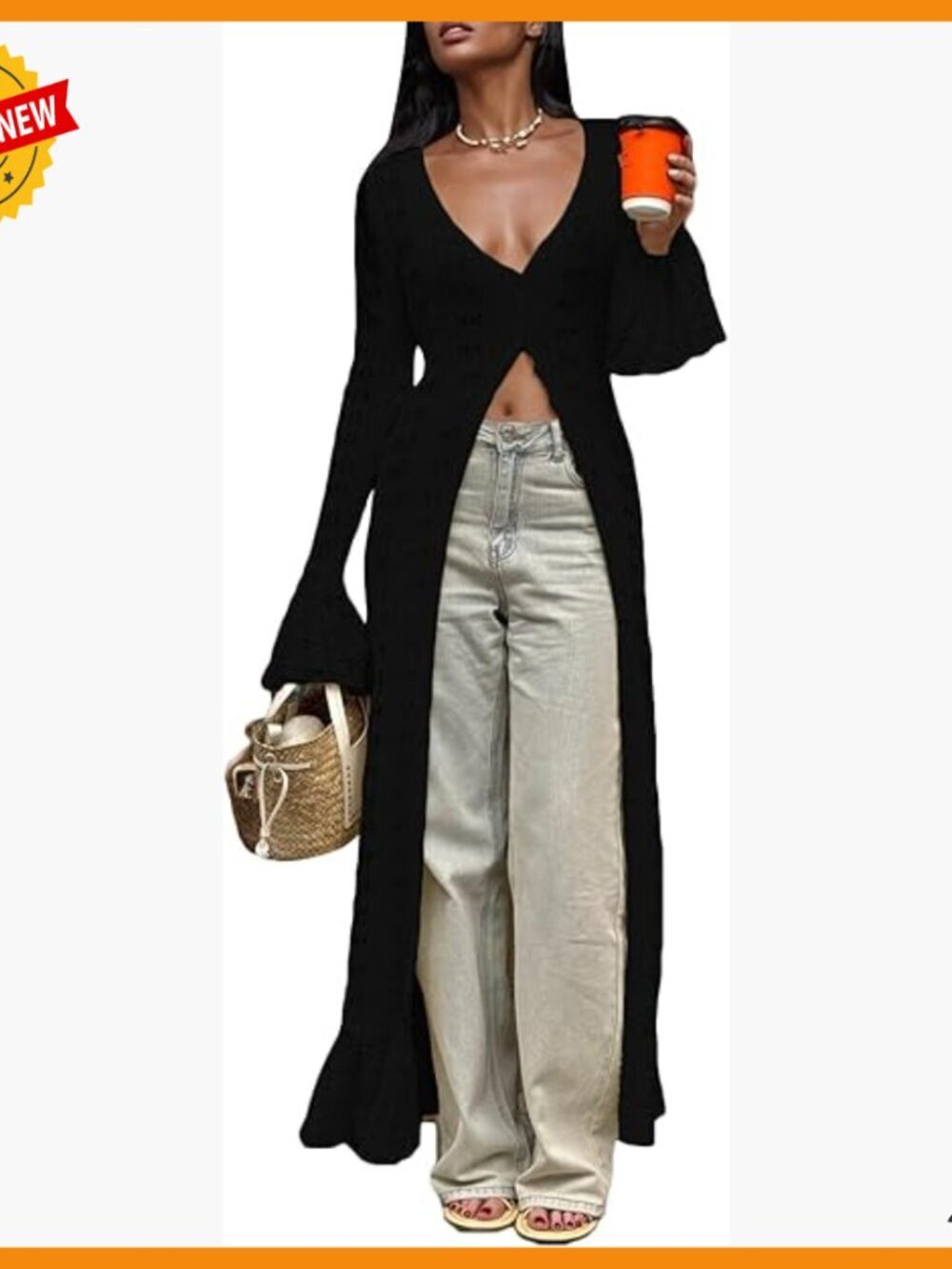 Long Knit Cardigan with Bell Sleeves, Ruffle Trim, Hollow Out Boho Style